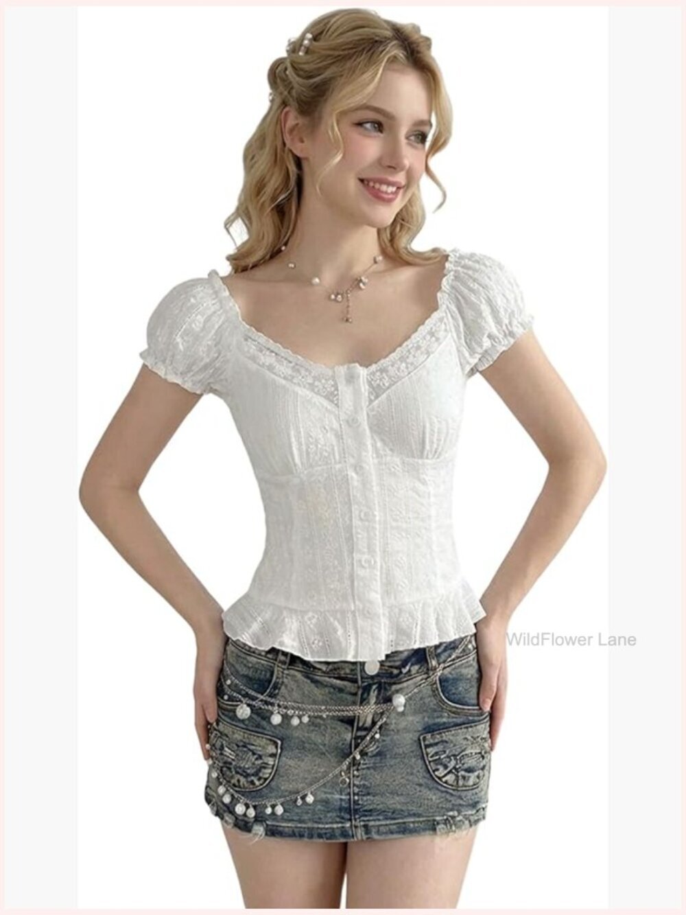 Embroidered Lace Trim Peplum Blouse Cap Sleeve Button Down Y2K Coquette Top